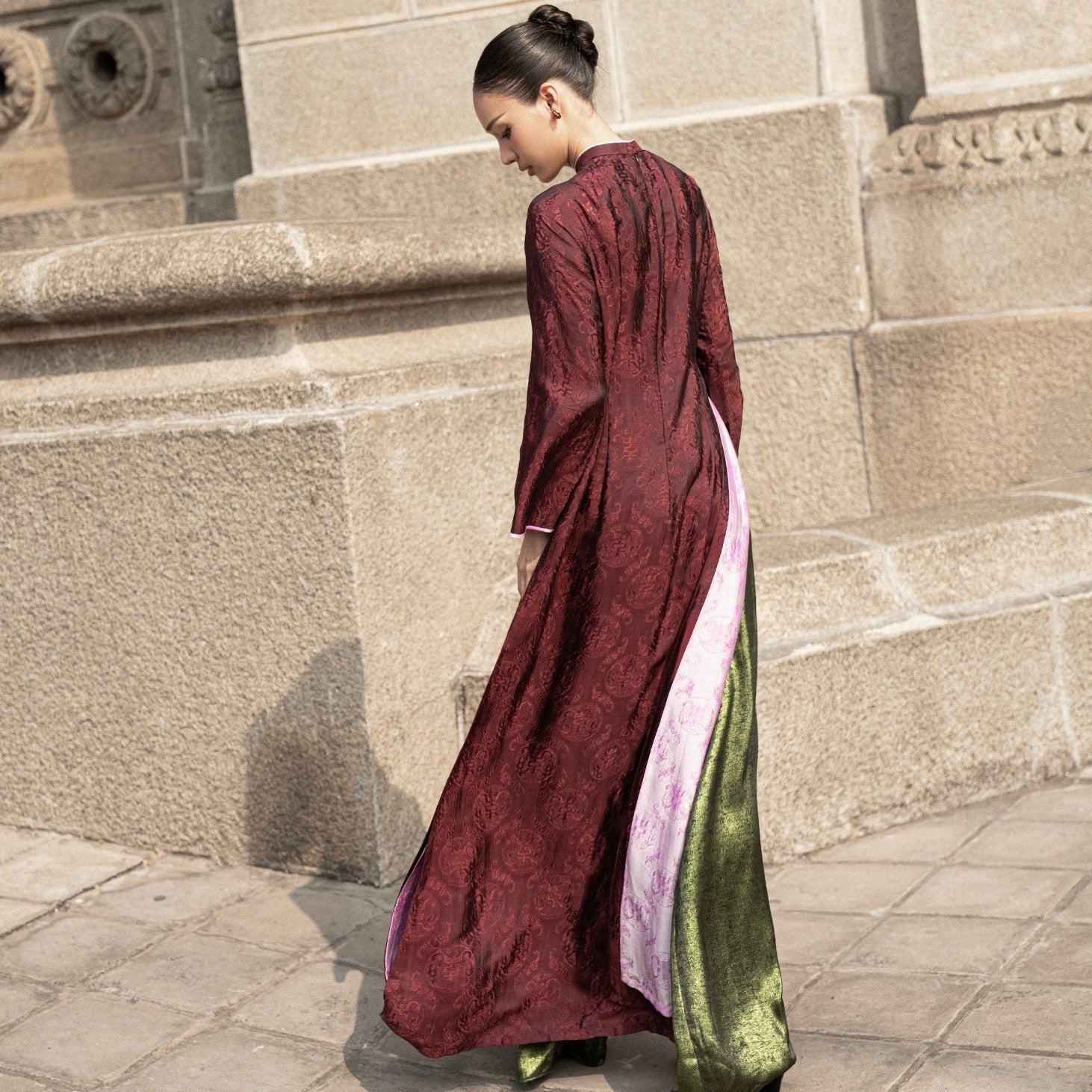 Ceremonial Ao Dai "Dang Van" in mahogany with pink piping, full length traditional Vietnamese attire