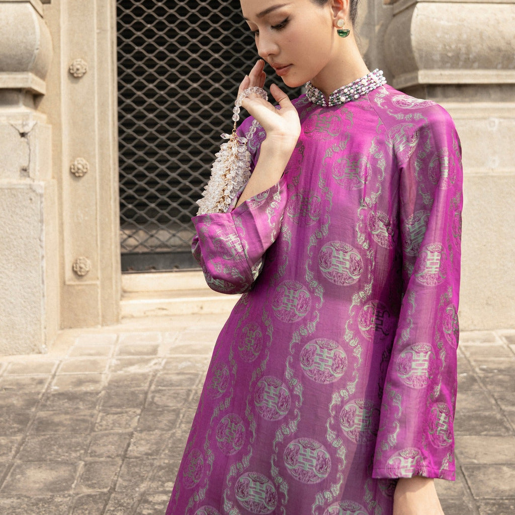 "Dao Dai" - Wormsilk Modern Ao Dai Set with beaded Collar in Wine pink