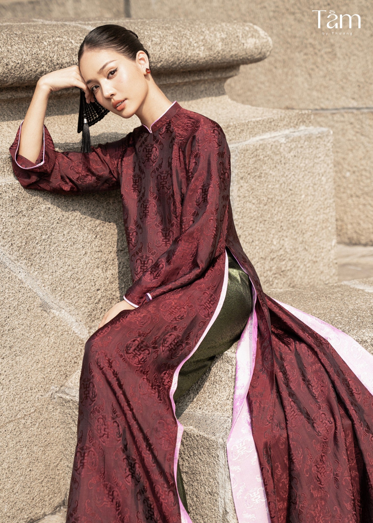 "Dang Van" - Double-layer Wormsilk Modern Ao Dai Set in Mahogany