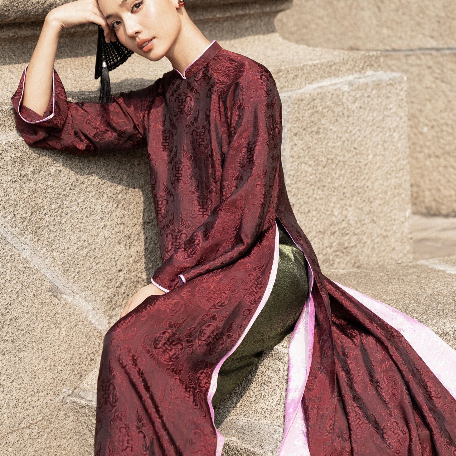 "Dang Van" - Double-layer Wormsilk Modern Ao Dai Set in Mahogany - View 2 - Premium Vietnamese Fashion