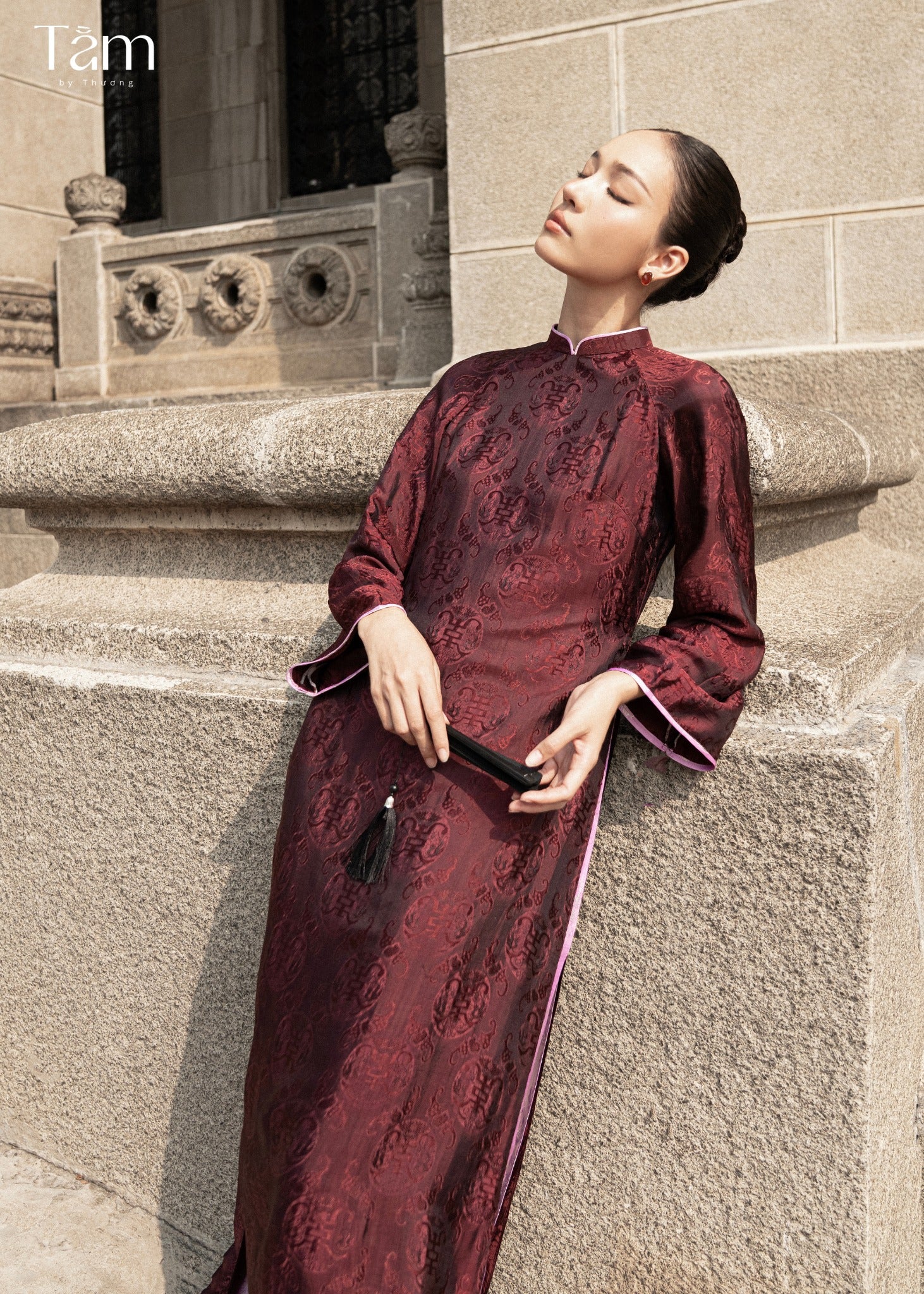 "Dang Van" - Double-layer Wormsilk Modern Ao Dai Set in Mahogany