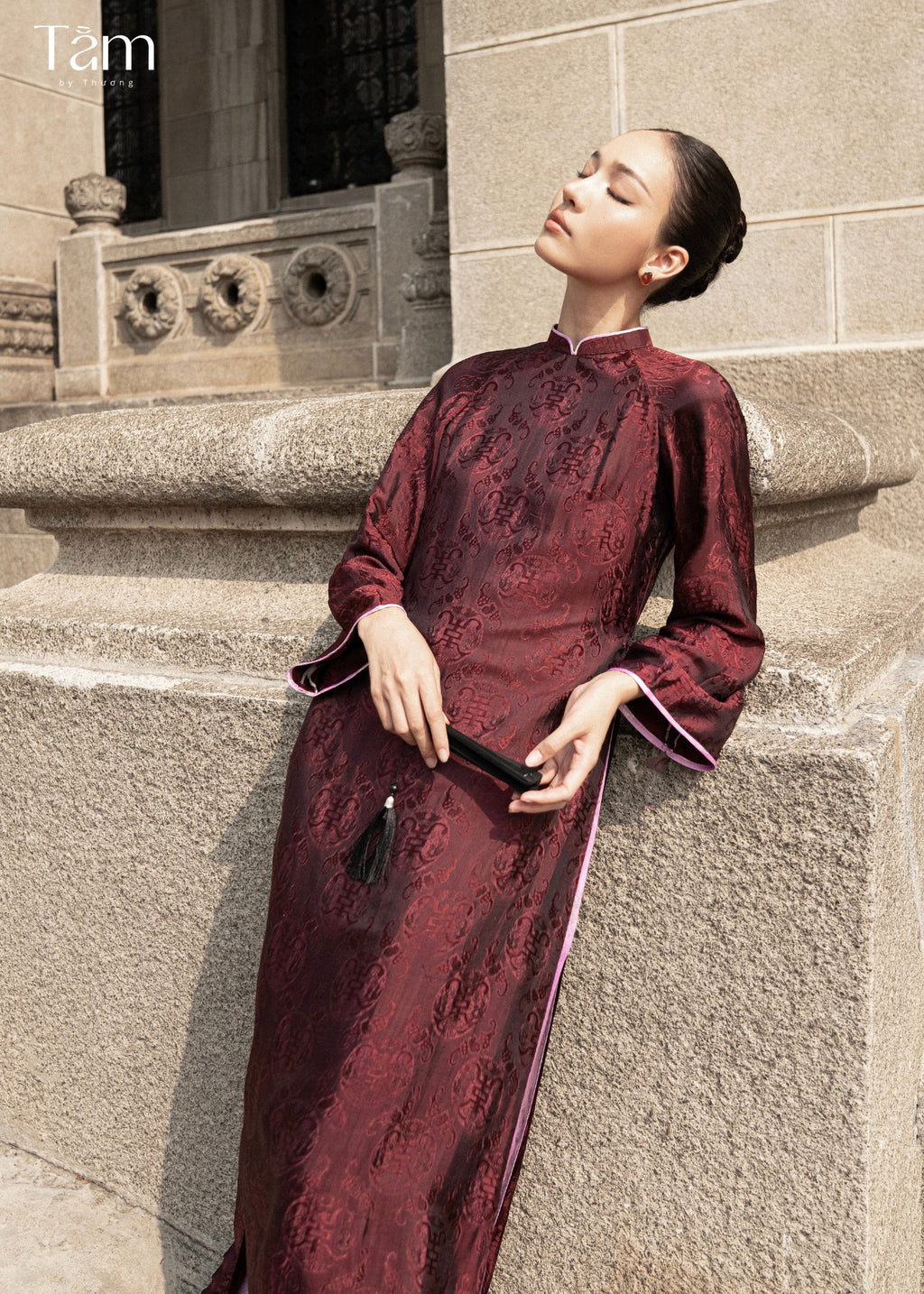 "Dang Van" - Double-layer Wormsilk Modern Ao Dai Set in Mahogany