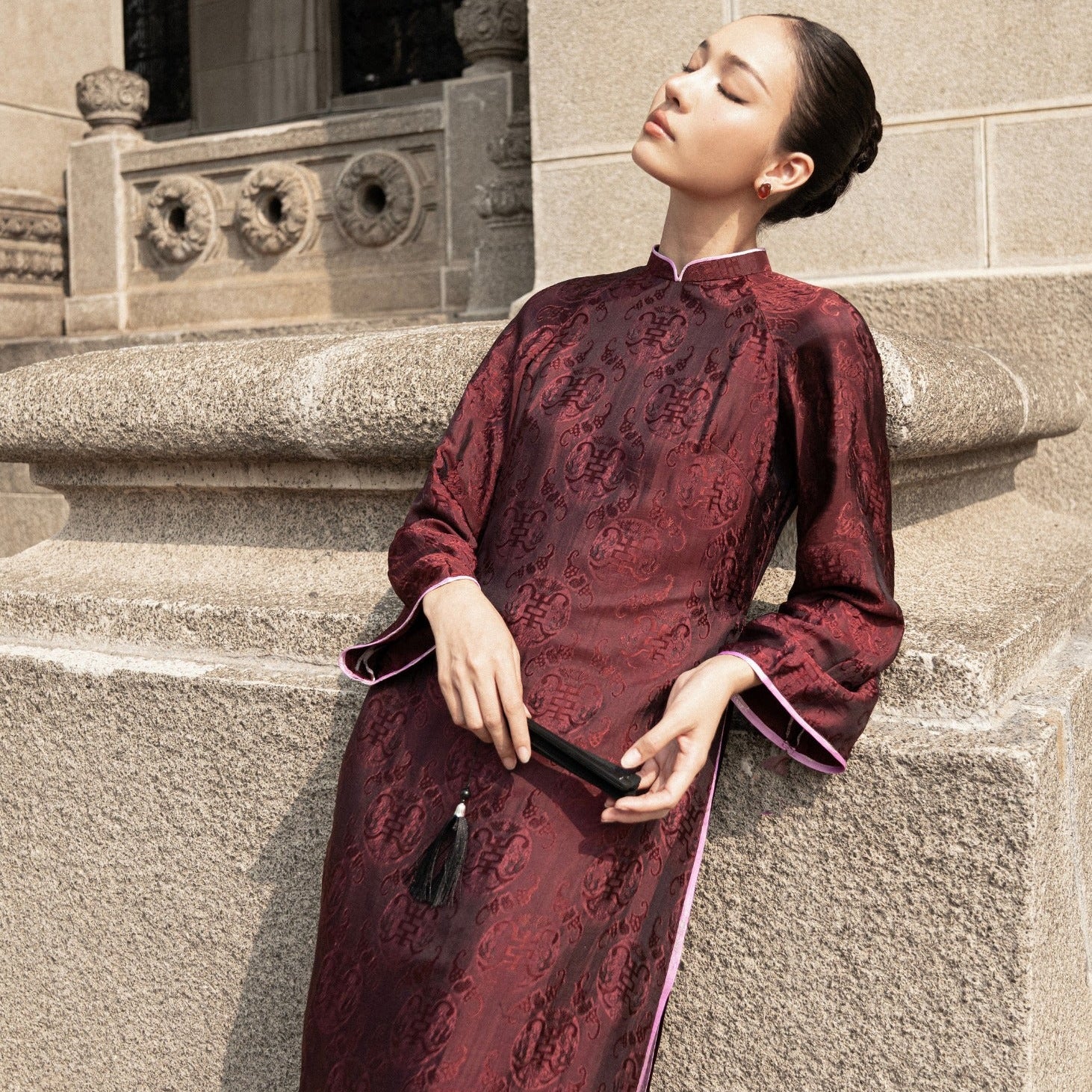 Vietnamese Ao Dai - Dang Van - Double-layer Wormsilk Modern Ao Dai Set - front view in brocade in red by Tam