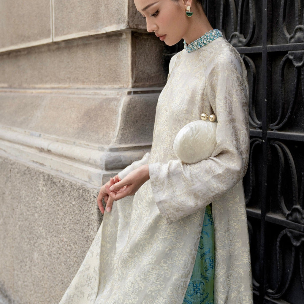 "Dao Đài " - Wormsilk Modern Ao Dai Set with beaded Collar in Silver - View 4 - Premium Vietnamese Fashion
