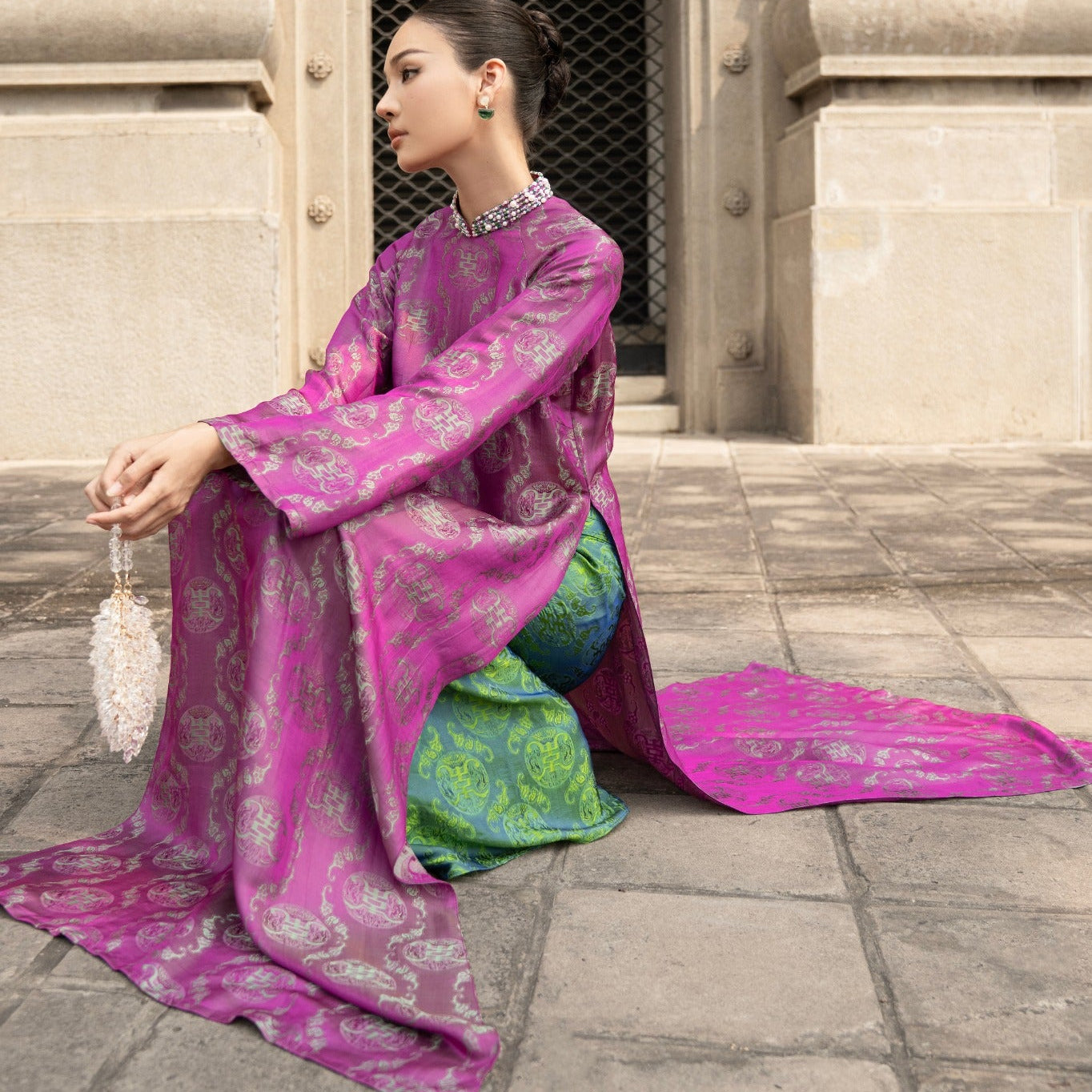 "Dao Dai" - Wormsilk Modern Ao Dai Set with beaded Collar in Wine pink