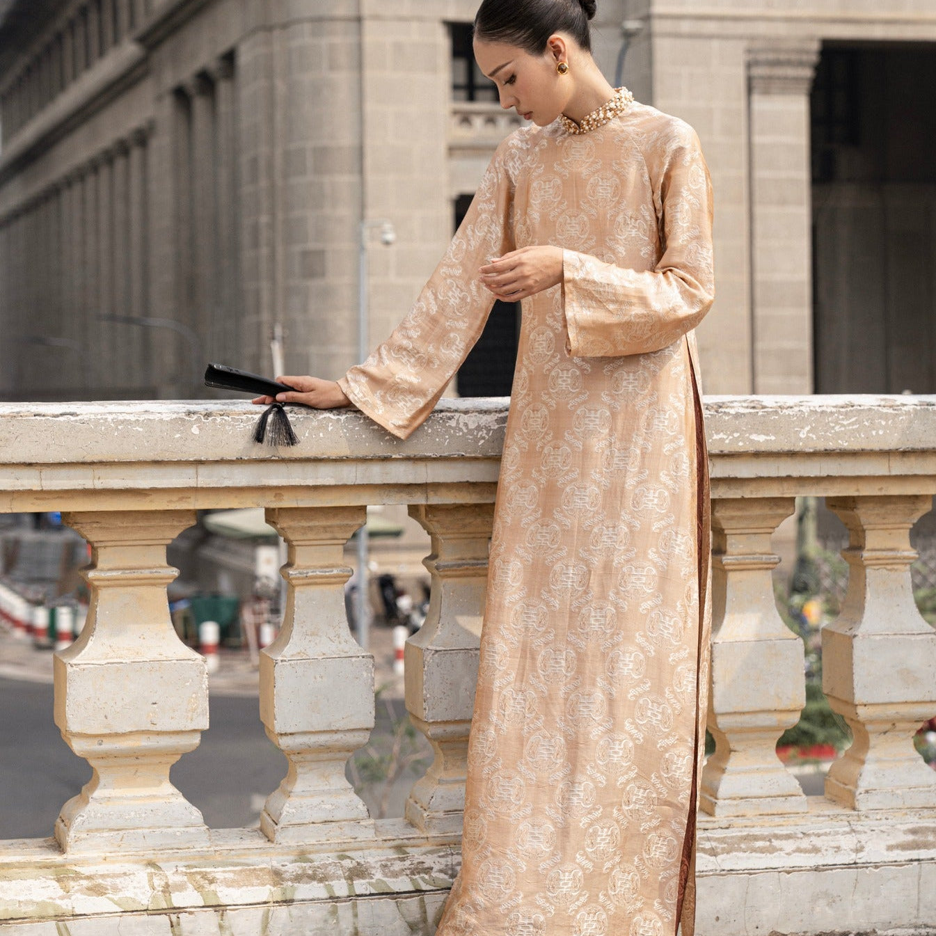 Vietnamese Ao Dai - Dao Dai - Wormsilk Modern Ao Dai Set with beaded Collar - styled presentation in beige by Tam