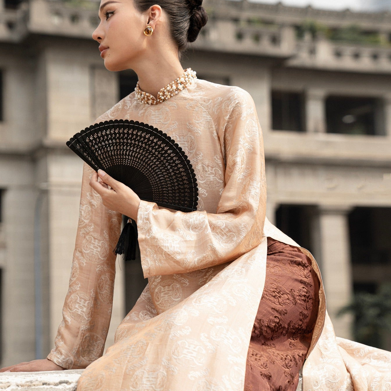 "Dao Dai" - Wormsilk Modern Ao Dai Set with beaded Collar in Espresso - View 1 - Premium Vietnamese Fashion