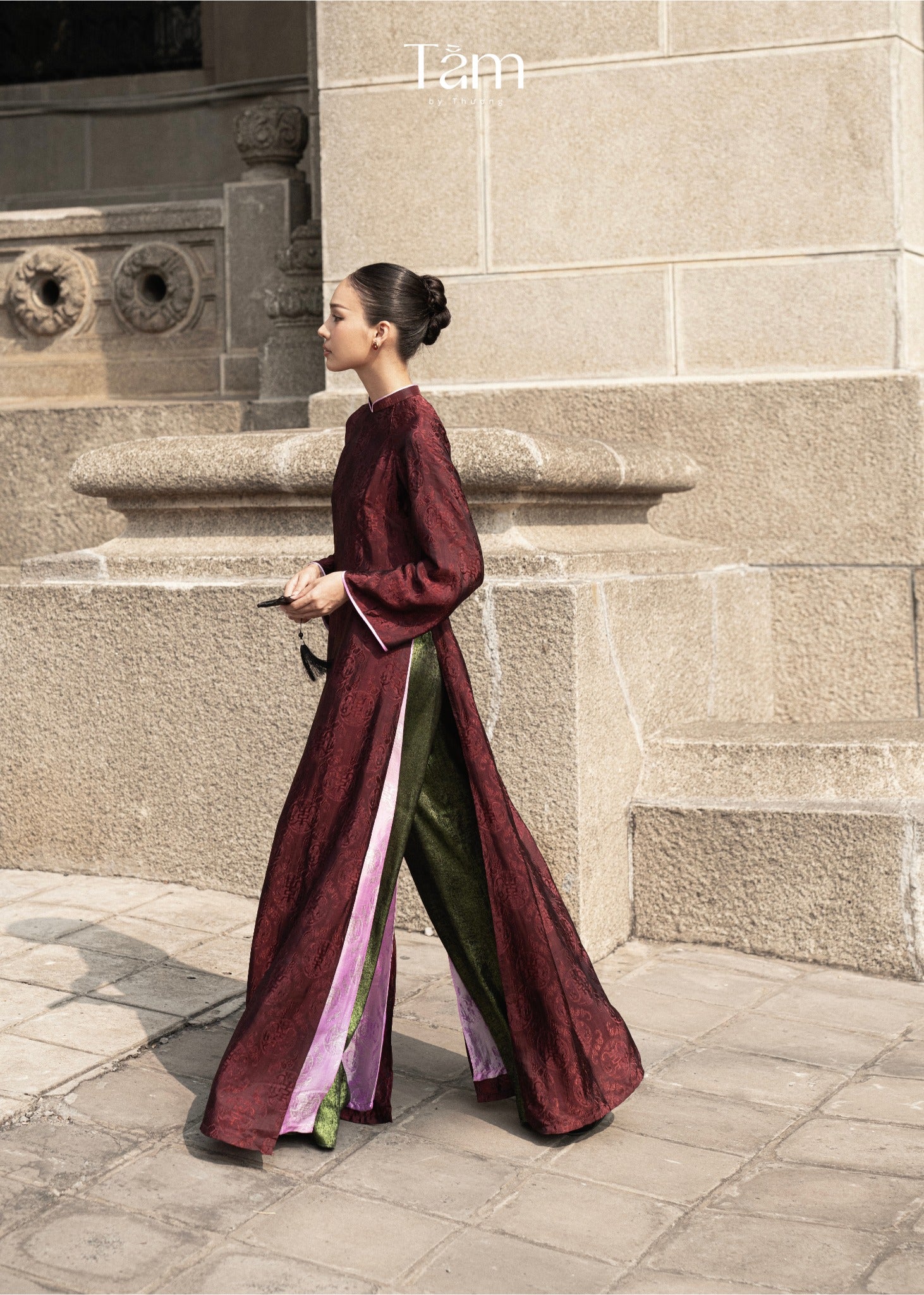 "Dang Van" - Double-layer Wormsilk Modern Ao Dai Set in Mahogany