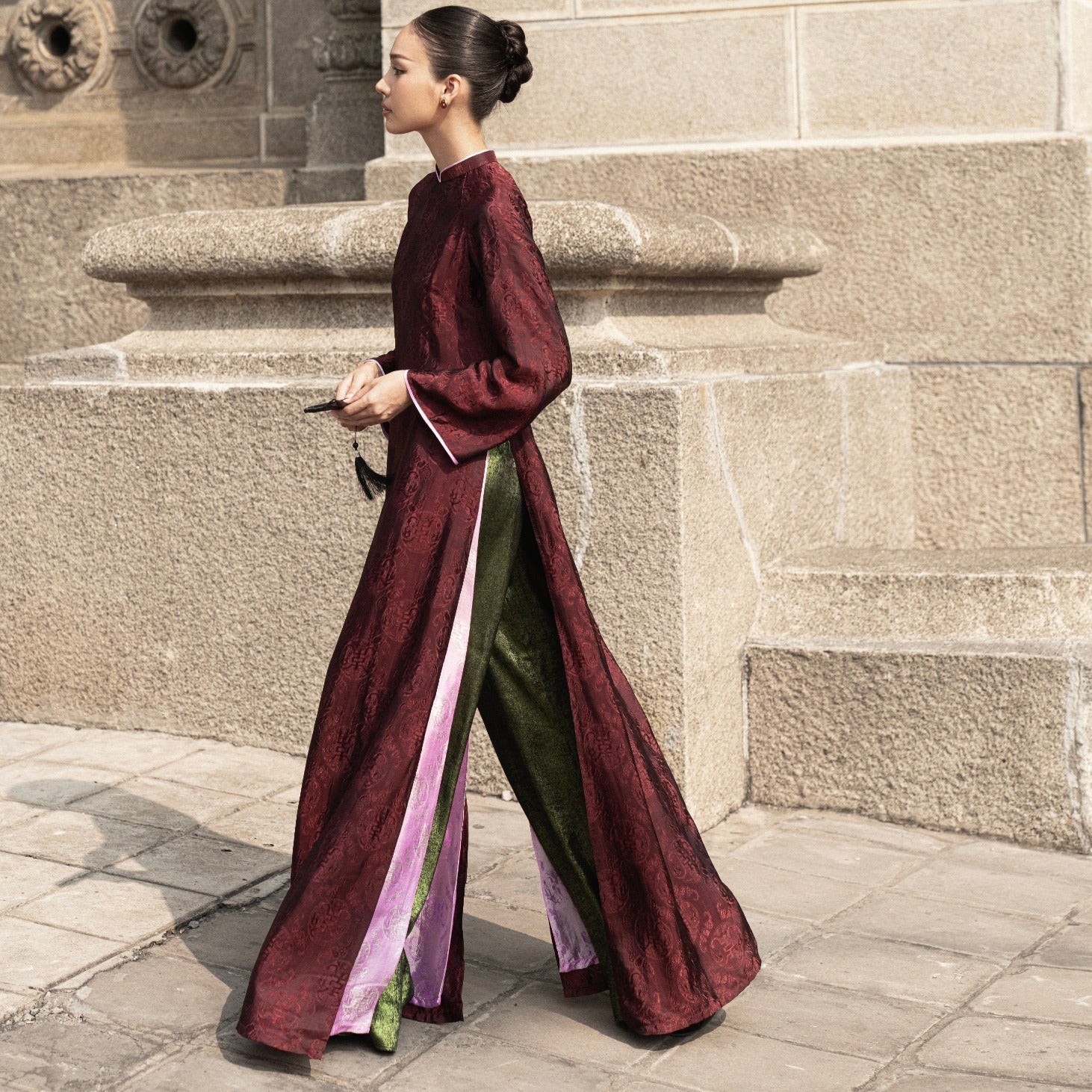"Dang Van" - Double-layer Wormsilk Modern Ao Dai Set in Mahogany - View 3 - Premium Vietnamese Fashion