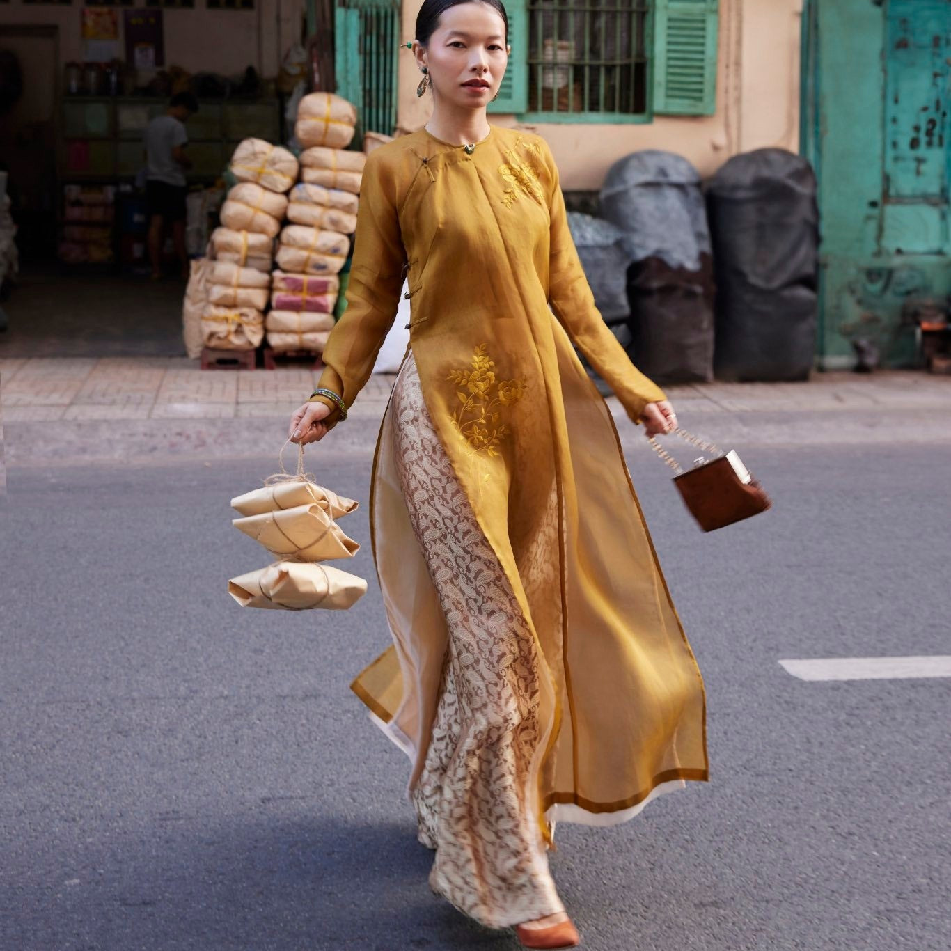 Golden Grace Ao Dai Set – Hand-Embroidered Luxury Soft Organza double layer - styled presentation by Lo Boutique