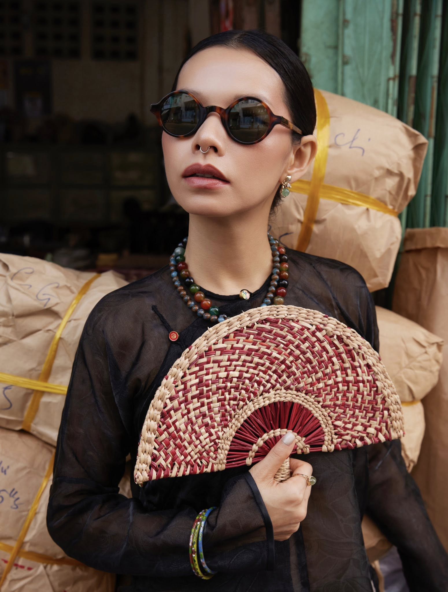 Golden Grace – Hand-Embroidered Silk Áo Dài Set by Lo Boutique - close-up of premium wormsilk fabric and artisan craftsmanship, premium Vietnamese wormsilk clothing