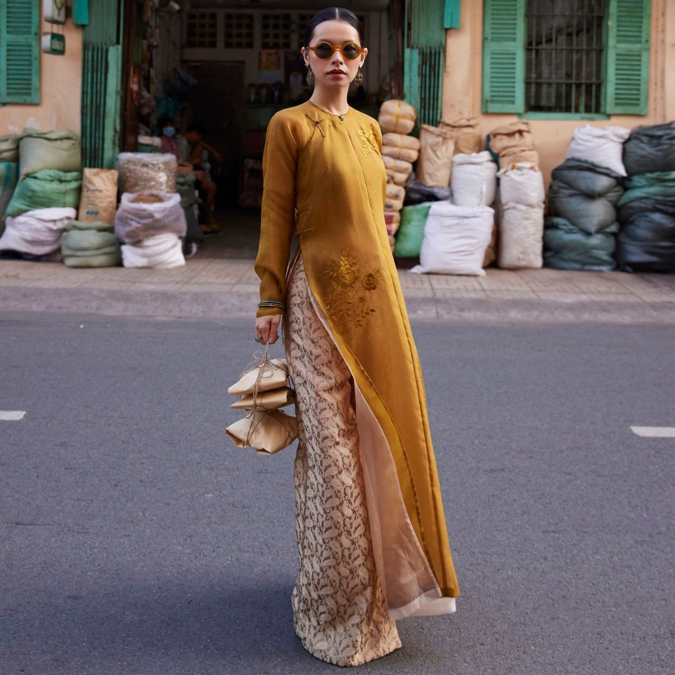 Golden Grace Ao Dai Set – Hand-Embroidered Luxury Soft Organza double layer - front view by Lo Boutique