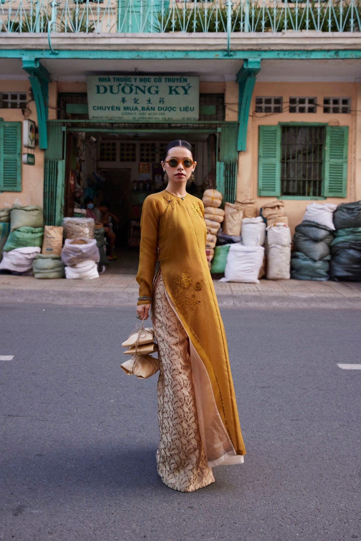 Golden Grace – Hand-Embroidered Silk Áo Dài by Lo Boutique by Lo Boutique - back view showing intricate details and cultural authenticity, premium Vietnamese wormsilk clothing