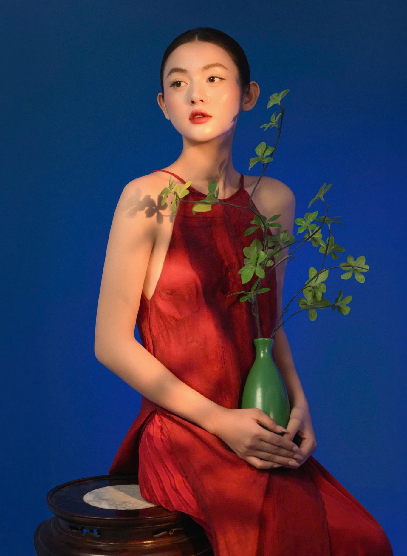 Vietnamese Ao Dai - Van Loan Halter Neck Ao dai Set - Premium Silk - front view in red by Lalin