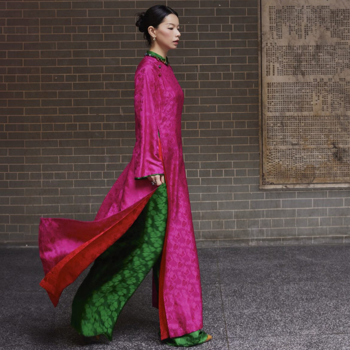 Vietnamese Ao Dai - Dynasty in Bloom – Premium Silk Brocade Áo Dài in Fuchsia & Jade - side profile in pink by Lo Boutique