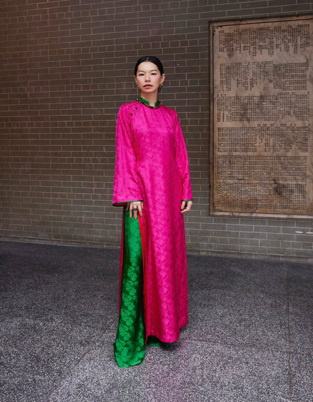 Lễ Hoa – Premium Silk Brocade Áo Dài in Fuchsia & Jade by Lo Boutique - side view highlighting elegant silhouette and luxury fabric, premium Vietnamese wormsilk clothing