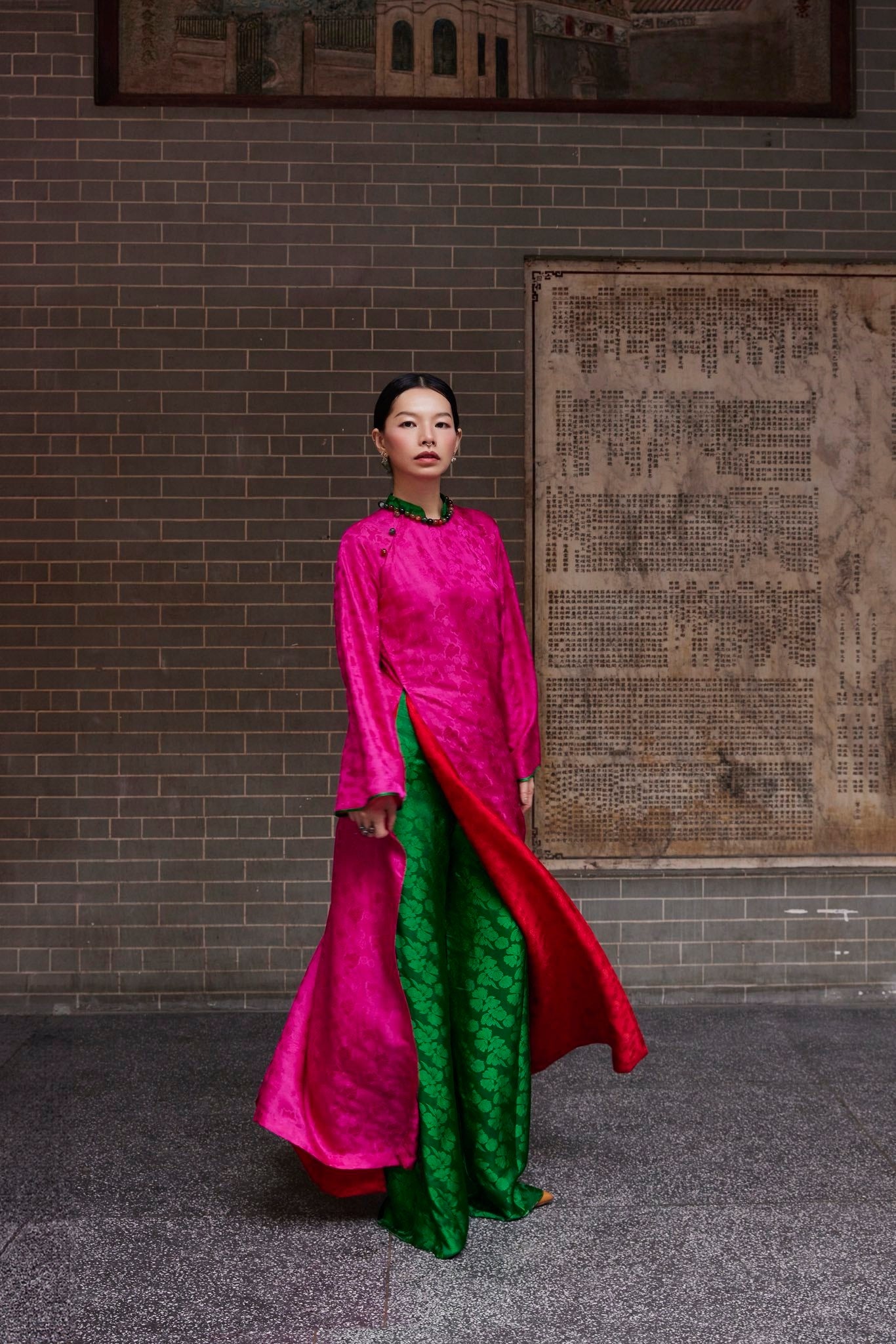 Vietnamese Ao Dai - Dynasty in Bloom – Premium Silk Brocade Áo Dài in Fuchsia & Jade - front view in pink by Lo Boutique