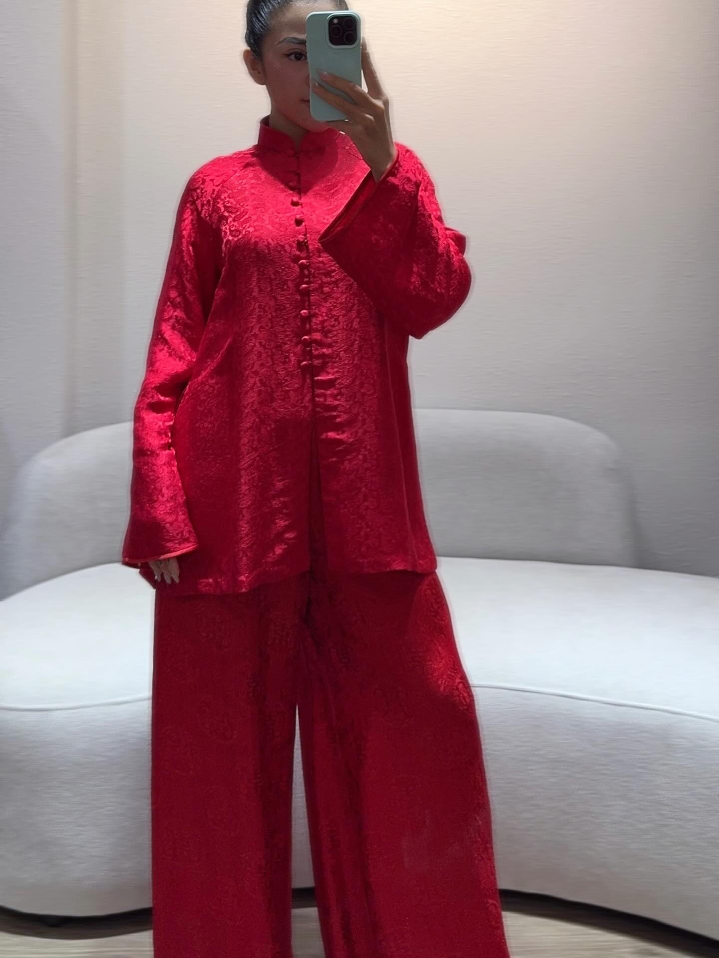 Traditional Motif - “Celestial Silk” – Wormsilk Modern Áo Bà Ba - front view in brocade in red by Ngoc Bui