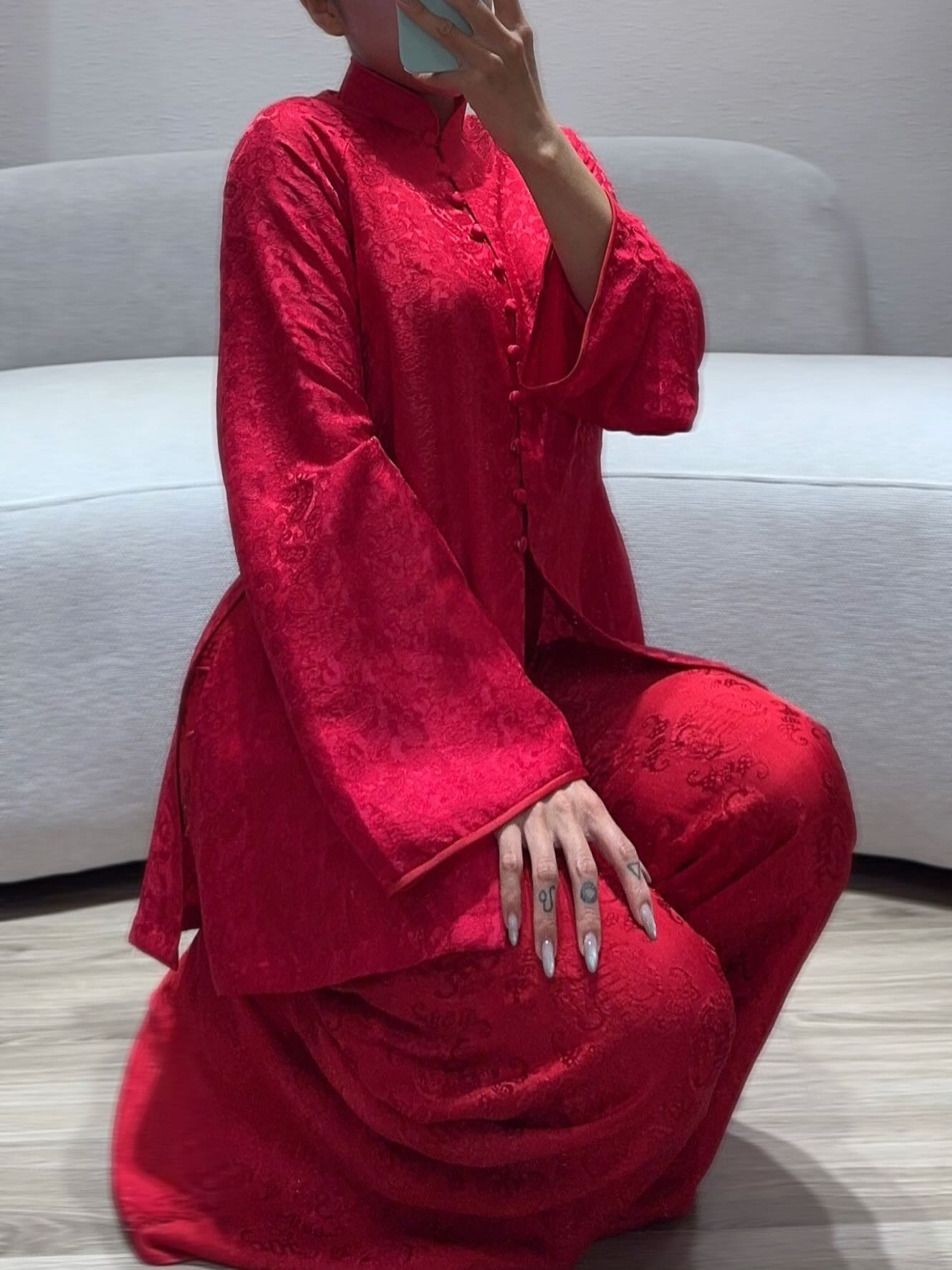 Vietnamese Ao Dai - “Celestial Silk” – Wormsilk Modern Áo Bà Ba - front view in brocade in red by Ngoc Bui