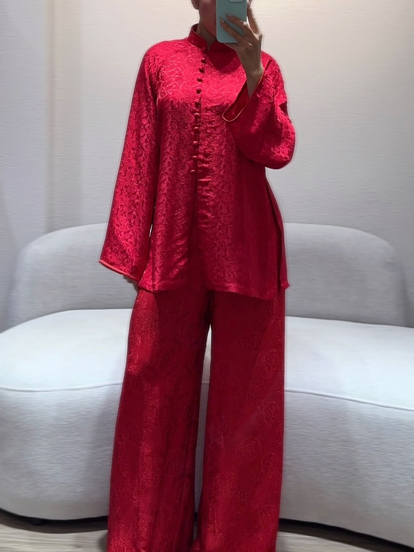 Traditional Motif - “Celestial Silk” – Wormsilk Modern Áo Bà Ba - front view in brocade in red by Ngoc Bui