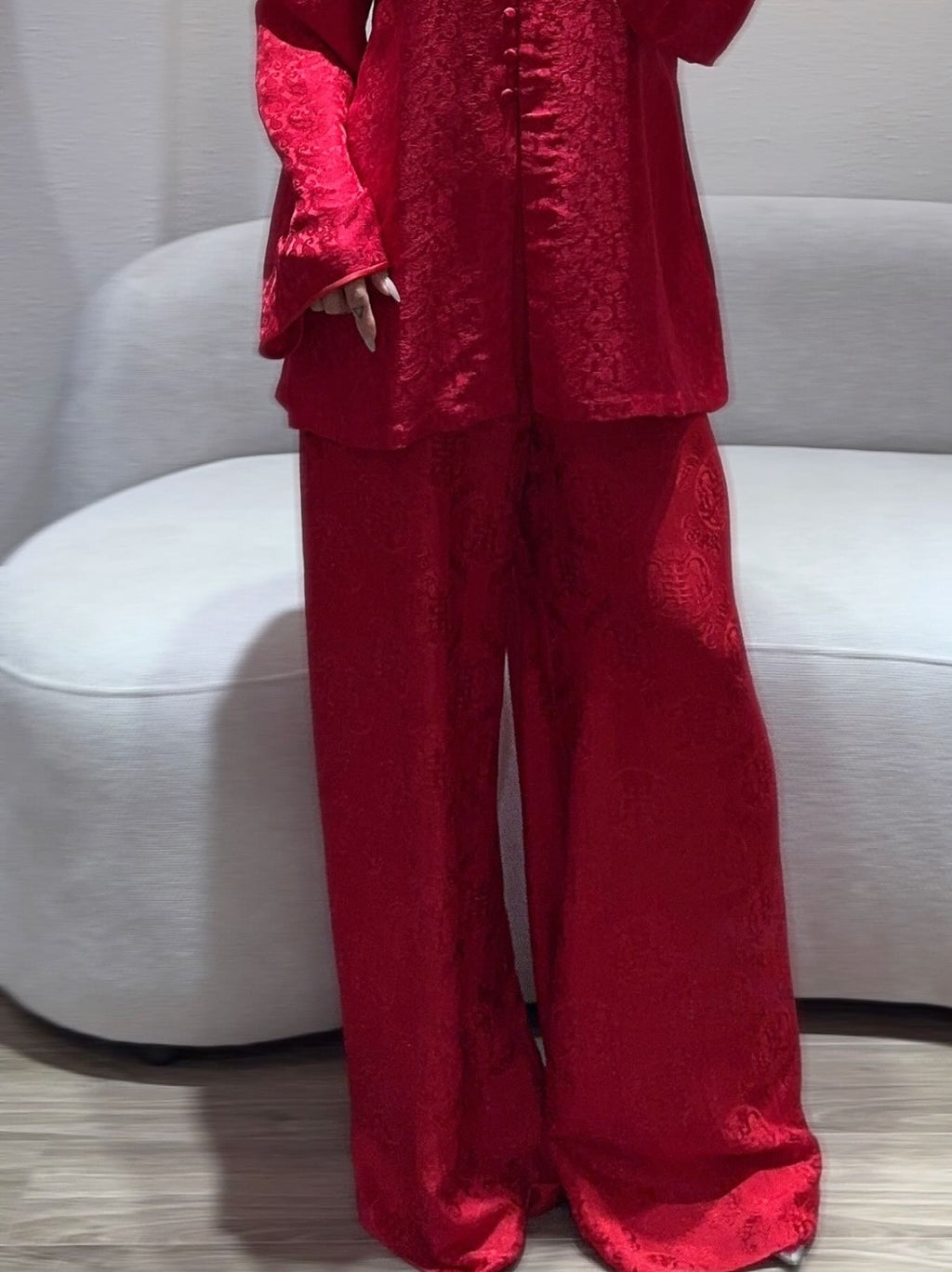 Traditional Motif - “Celestial Silk” – Wormsilk Modern Áo Bà Ba - front view in brocade in red by Ngoc Bui