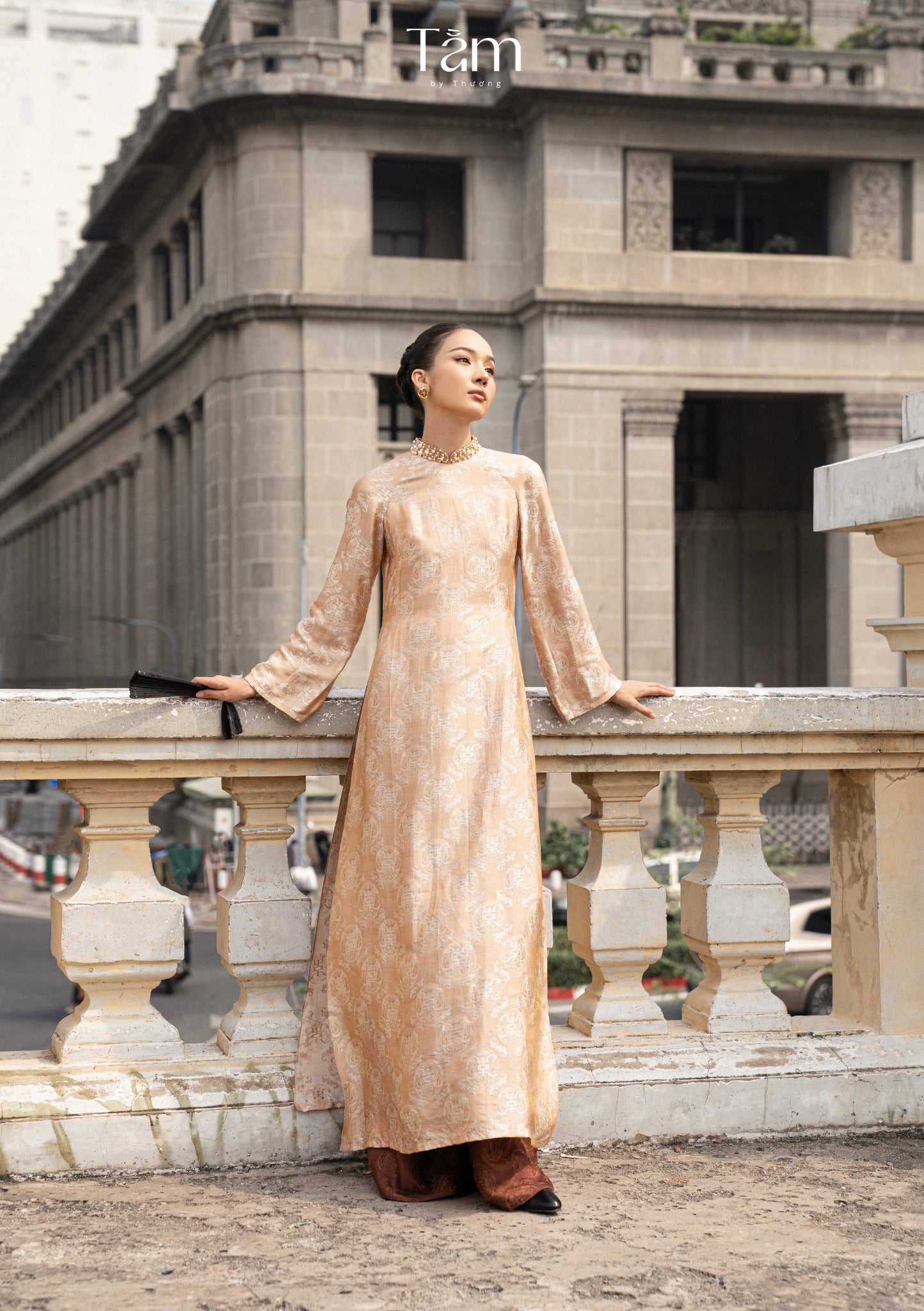 "Dao Dai" - Wormsilk Modern Ao Dai Set with beaded Collar in Espresso