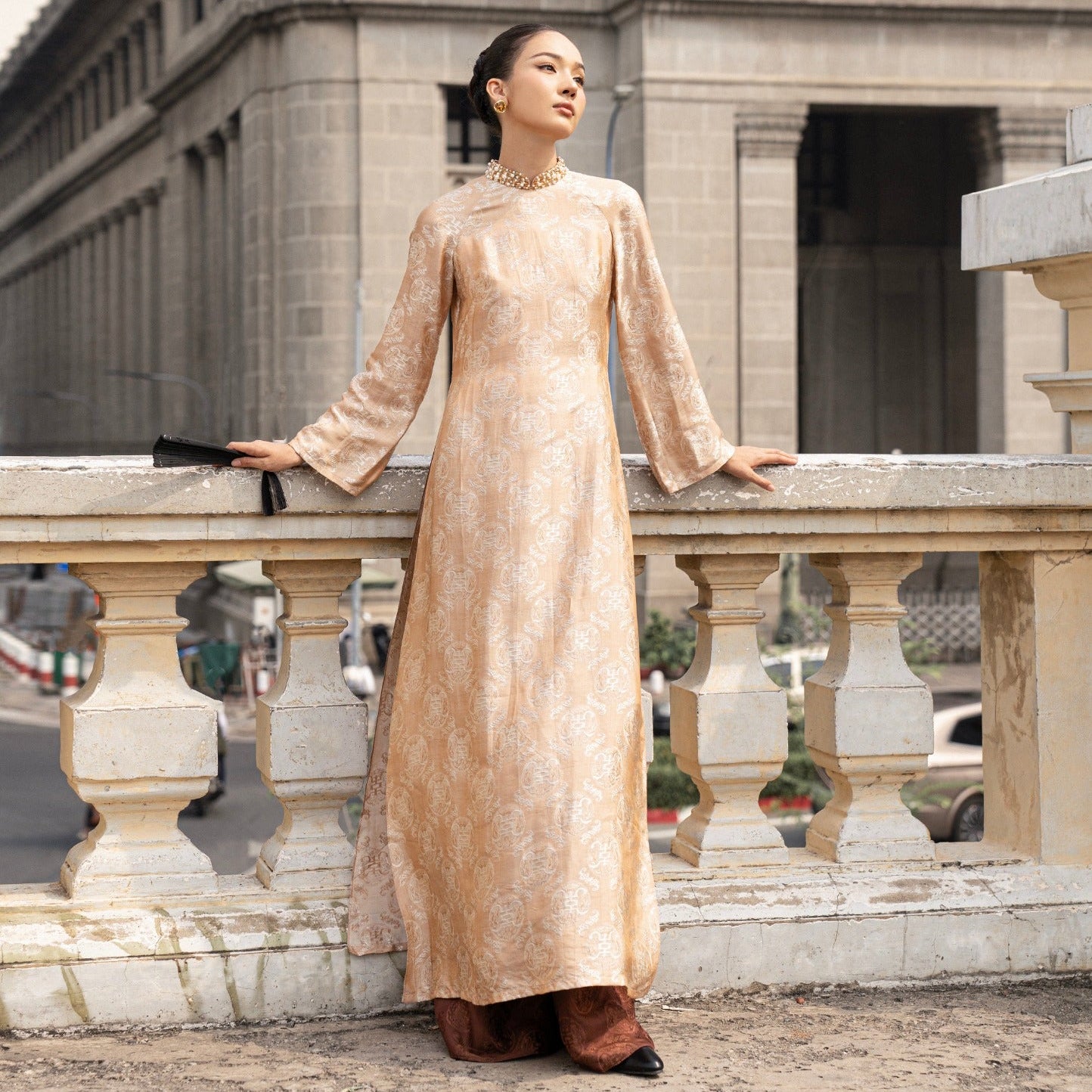 "Dao Dai" - Wormsilk Modern Ao Dai Set with beaded Collar in Espresso - View 3 - Premium Vietnamese Fashion