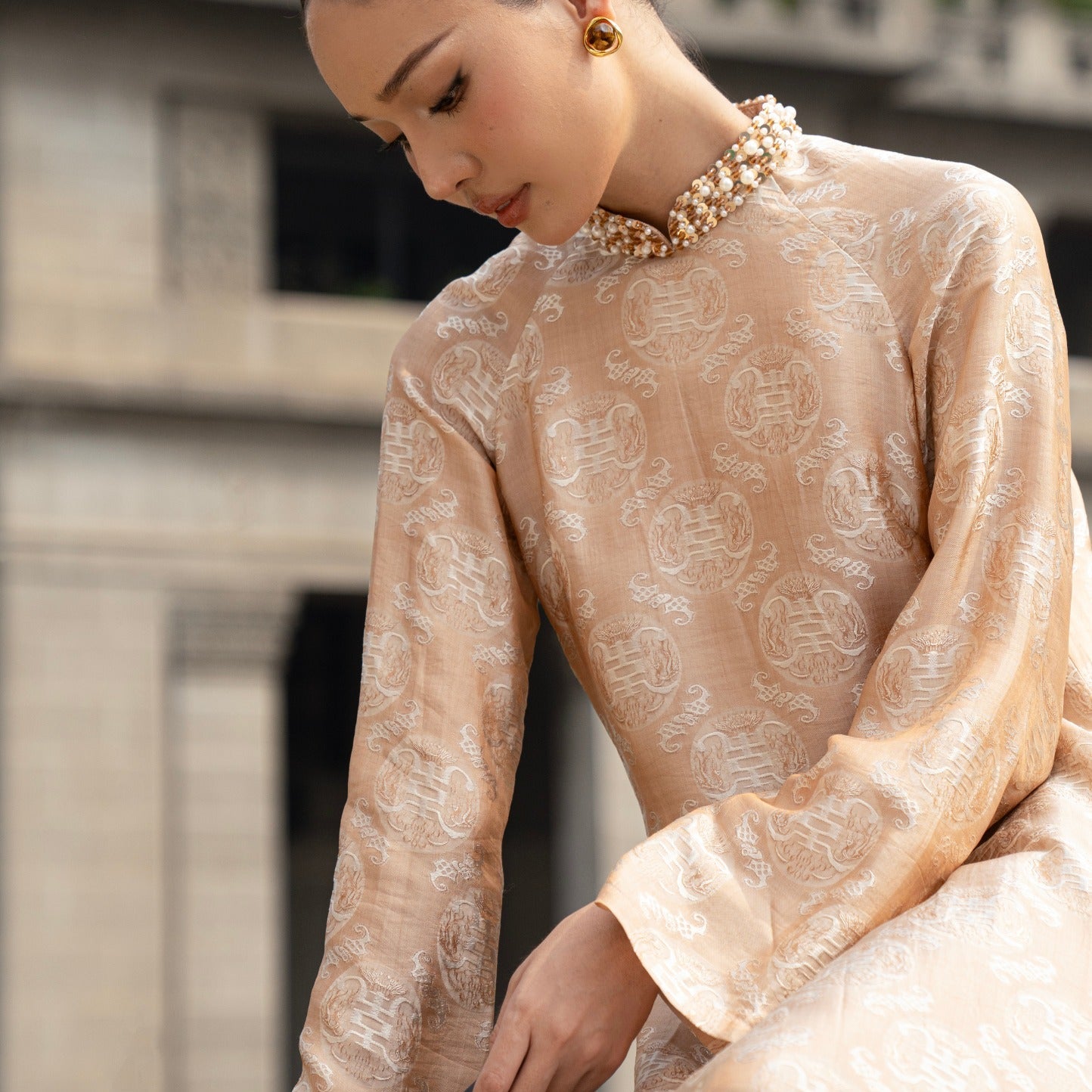 Vietnamese Ao Dai - Dao Dai - Wormsilk Modern Ao Dai Set with beaded Collar - front view in beige by Tam