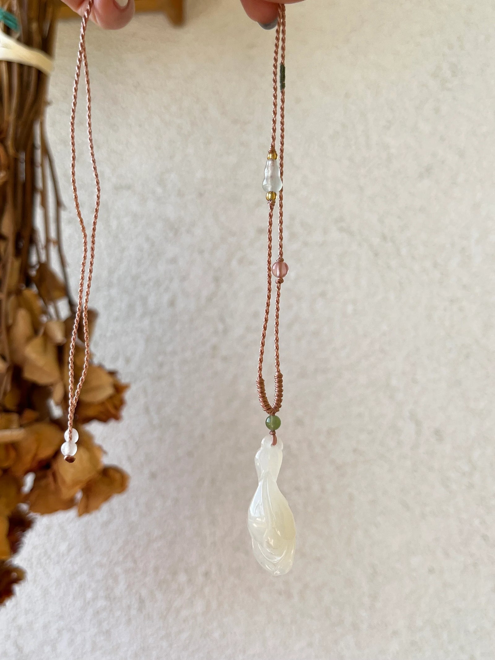 Blush Magnolia – Icy Pink Hetian Jade Pendant - detail close-up in #fff by L'Orient Haus