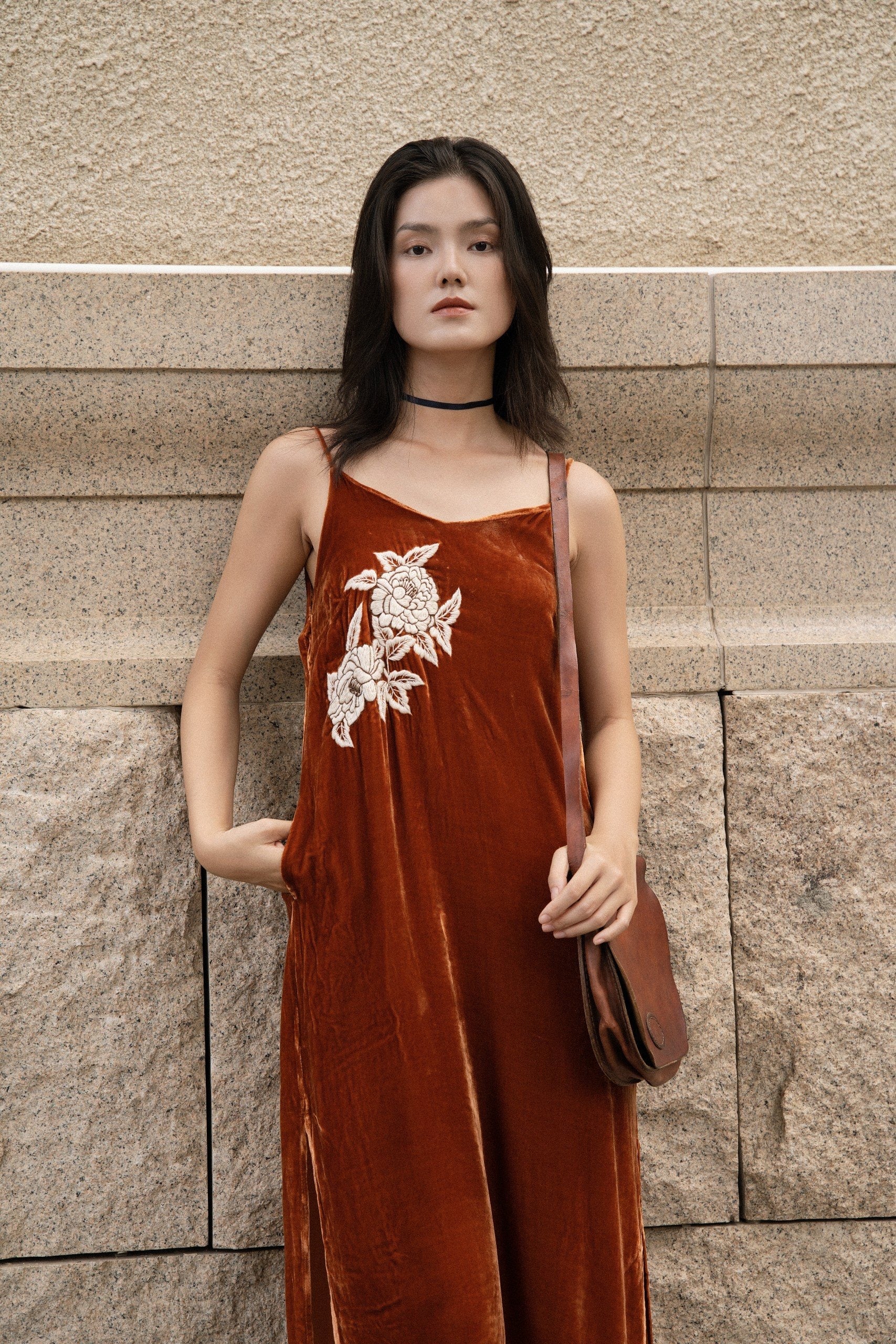 "Rumi embroidered suede tank-top dress in orange with white floral pattern by Huulala"
