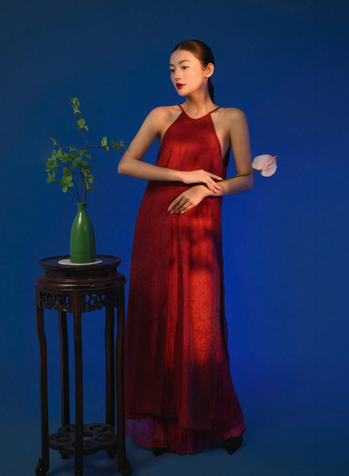 Vietnamese Ao Dai - Van Loan Halter Neck Ao dai Set - Premium Silk - front view in red by Lalin