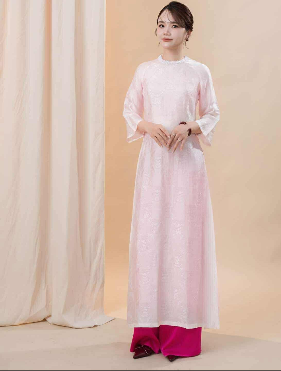 "Hong Ngoc" - Wormsilk Modern Ao Dai Set with Sequined Neck - View 3 - Premium Vietnamese Fashion