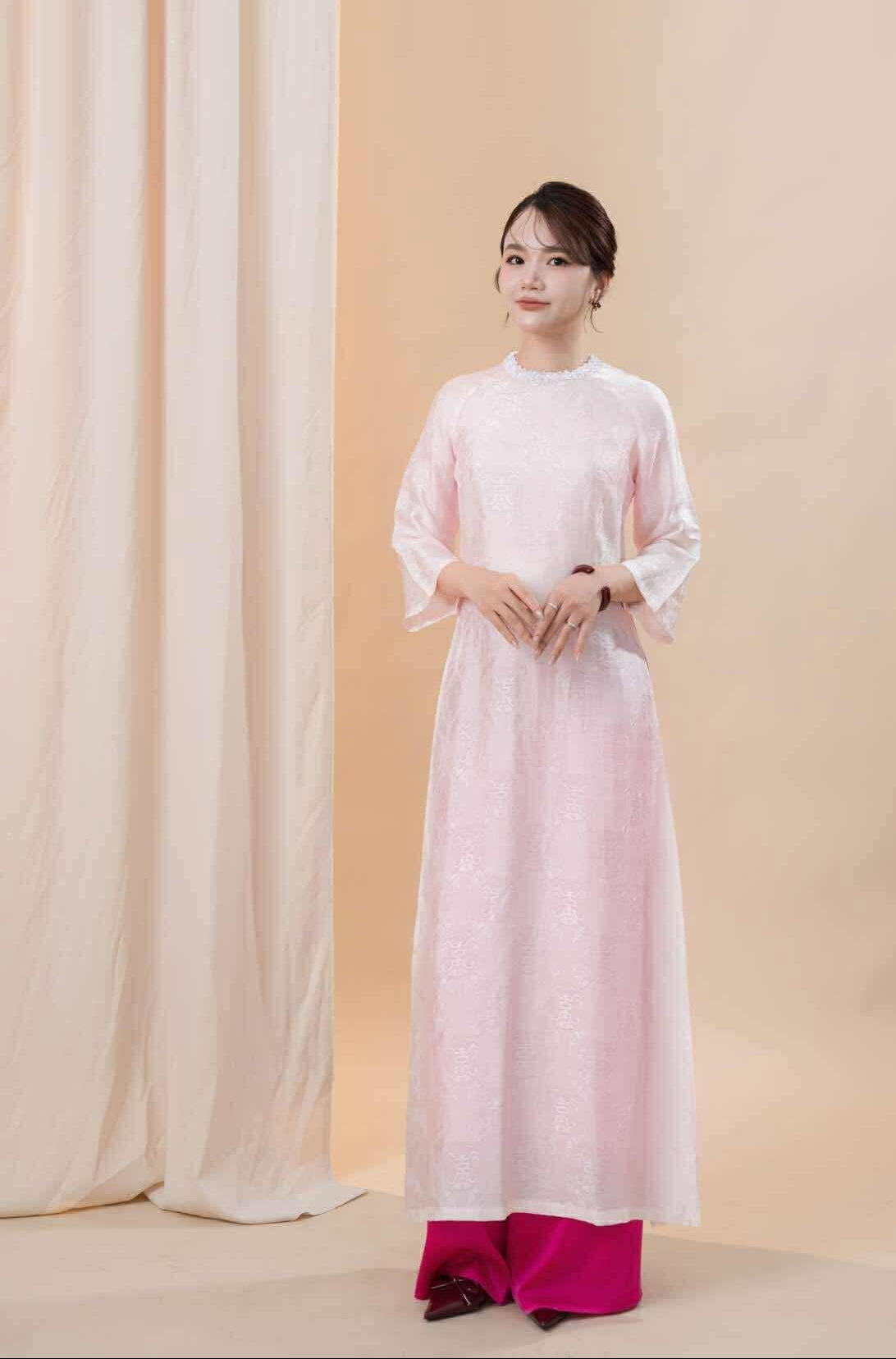 Authentic Ao Dai "Hong Ngoc" by Huyen Thai with fuschia silk pants, full traditional Vietnamese outfit