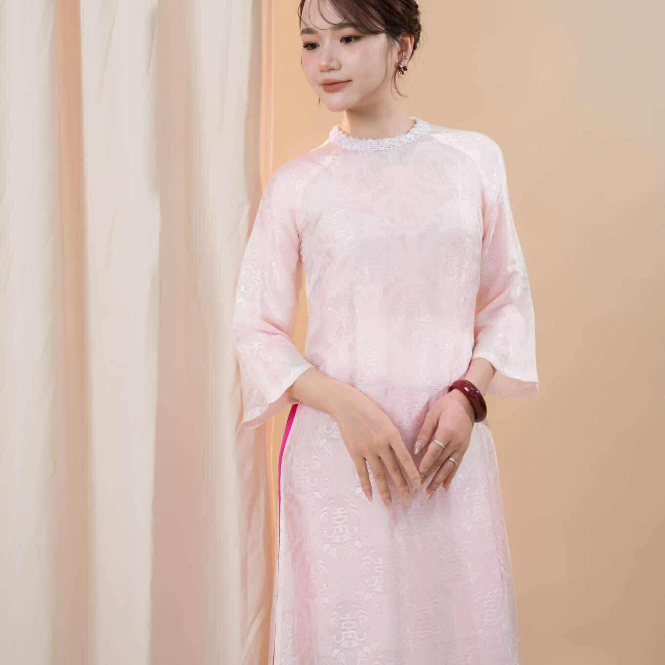 Vietnamese Ao Dai - Hong Ngoc - Wormsilk Modern Ao Dai Set with Sequined Neck - front view in pink by Huyen Thai Collection