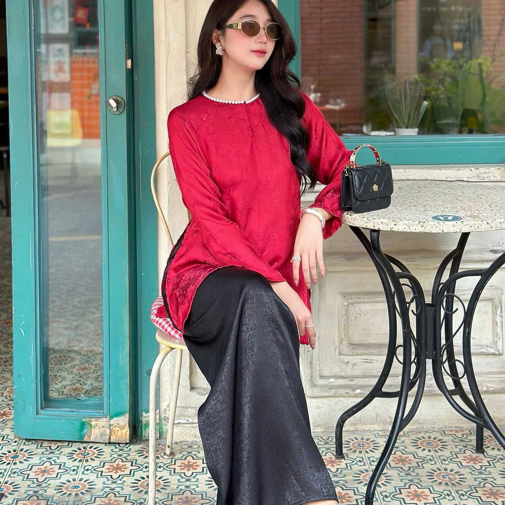 Vietnamese Ao Dai - “Phuong Tien Ao Ba Ba – Silk Top with pearl-embellished neckline - styled presentation in red by Moc
