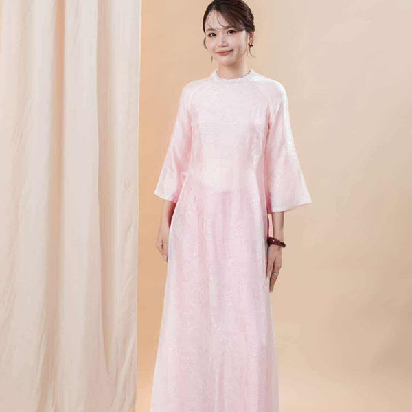 Vietnamese Ao Dai - Hong Ngoc - Wormsilk Modern Ao Dai Set with Sequined Neck - front view in pink by Huyen Thai Collection