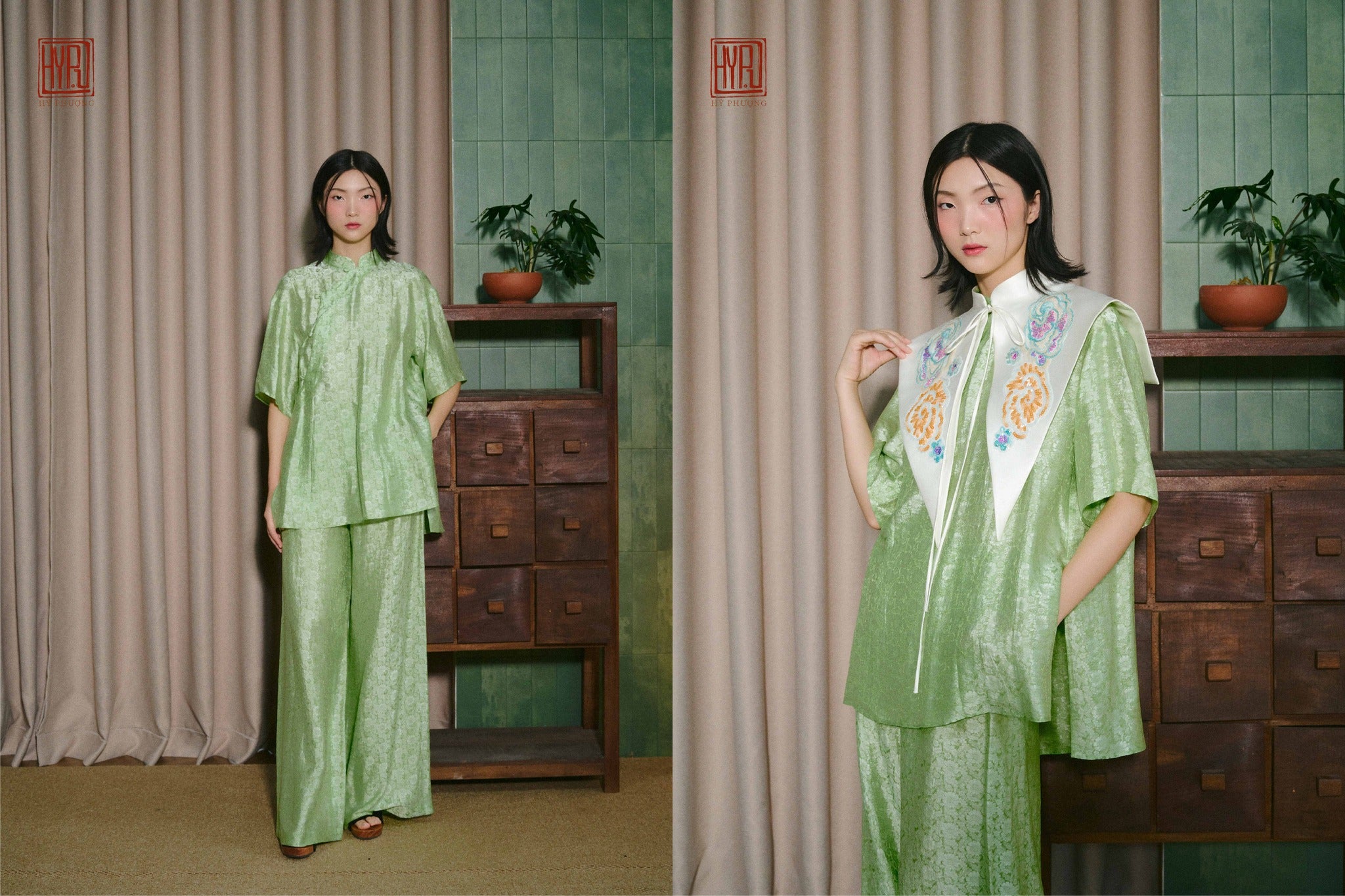 Vietnamese Embroidery - Ninh Van Set - Mandarin-neck Wormsilk in Rose & Mint - front view in green by Hy Phuong