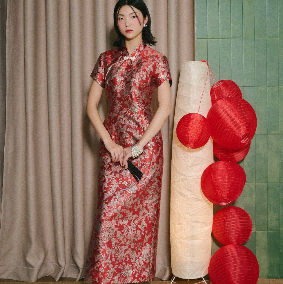 Vietnamese Ao Dai - Tu Phuc Cheongsam - Brocade Silk in Festive Crimson - front view in red by Hy Phuong