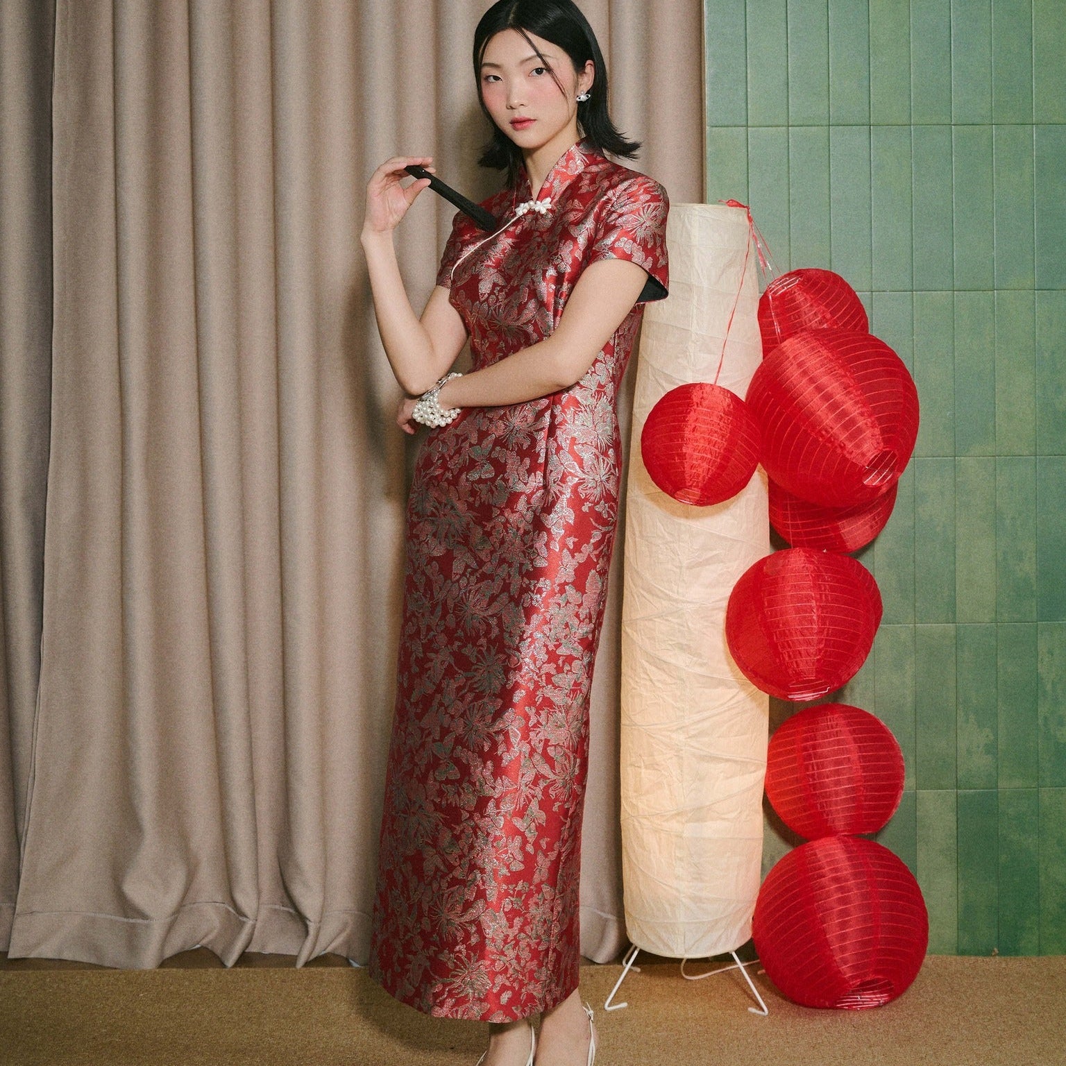 Vietnamese Ao Dai - Tu Phuc Cheongsam - Brocade Silk in Festive Crimson - front view in red by Hy Phuong