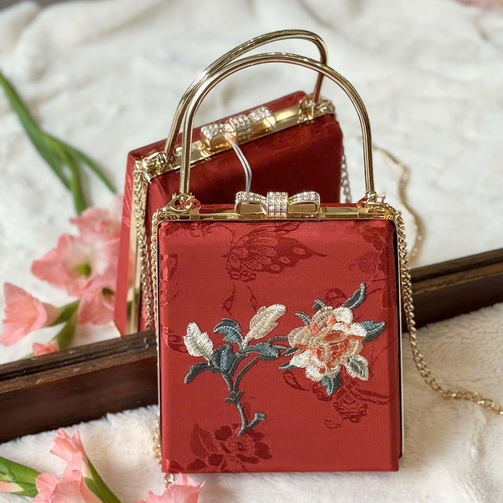 Hồng Trà - Embroidered Viscose Handbag with Metal Handle in Rectangle shape - flat lay display by Moc - Bags