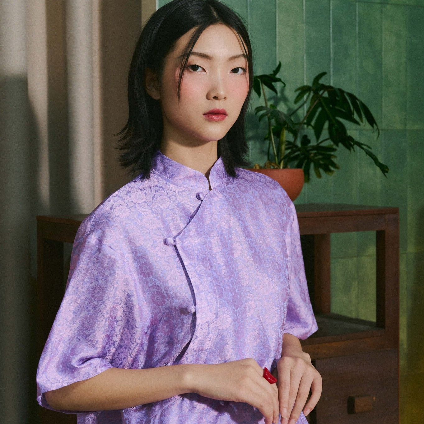 Vietnamese Ao Dai - Ninh Van Set - Mandarin-neck Wormsilk - front view in purple by Hy Phuong