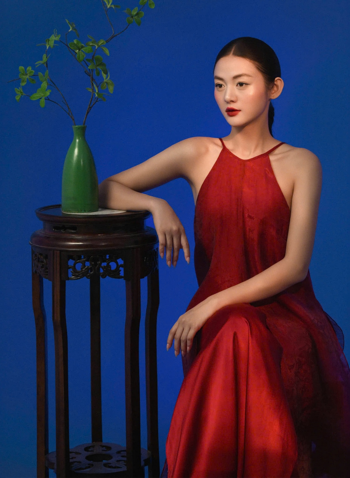 Vietnamese Ao Dai - Van Loan Halter Neck Ao dai Set - Premium Silk - front view in red by Lalin