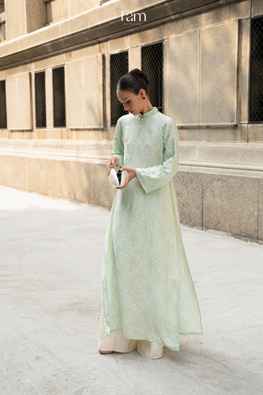 Vietnamese Ao Dai - Dao Dai - Wormsilk Modern Ao Dai Set with beaded Collar in Jade Mint - front view in sage green by Tam