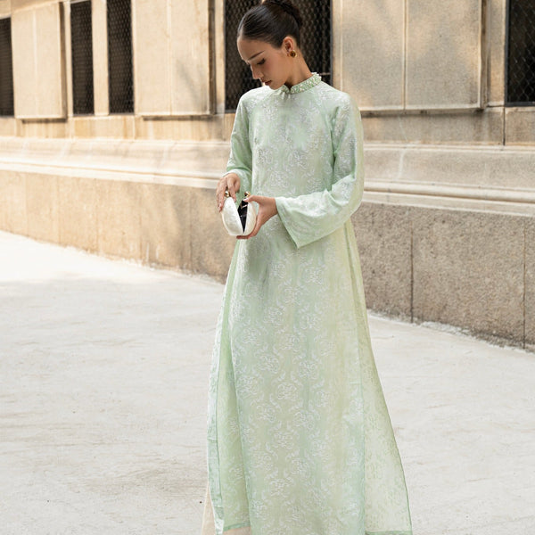 Vietnamese Ao Dai - Dao Dai - Wormsilk Modern Ao Dai Set with beaded Collar in Jade Mint - front view in sage green by Tam