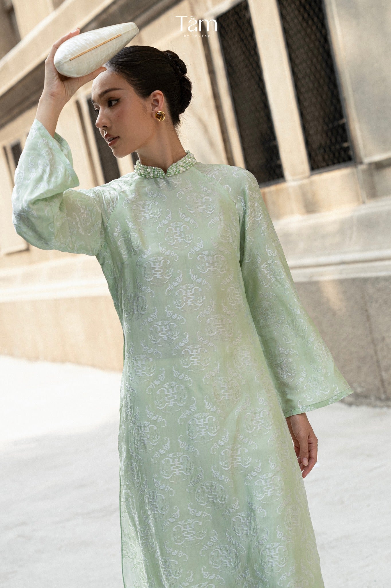 Vietnamese Ao Dai - Dao Dai - Wormsilk Modern Ao Dai Set with beaded Collar in Jade Mint - side profile in sage green by Tam