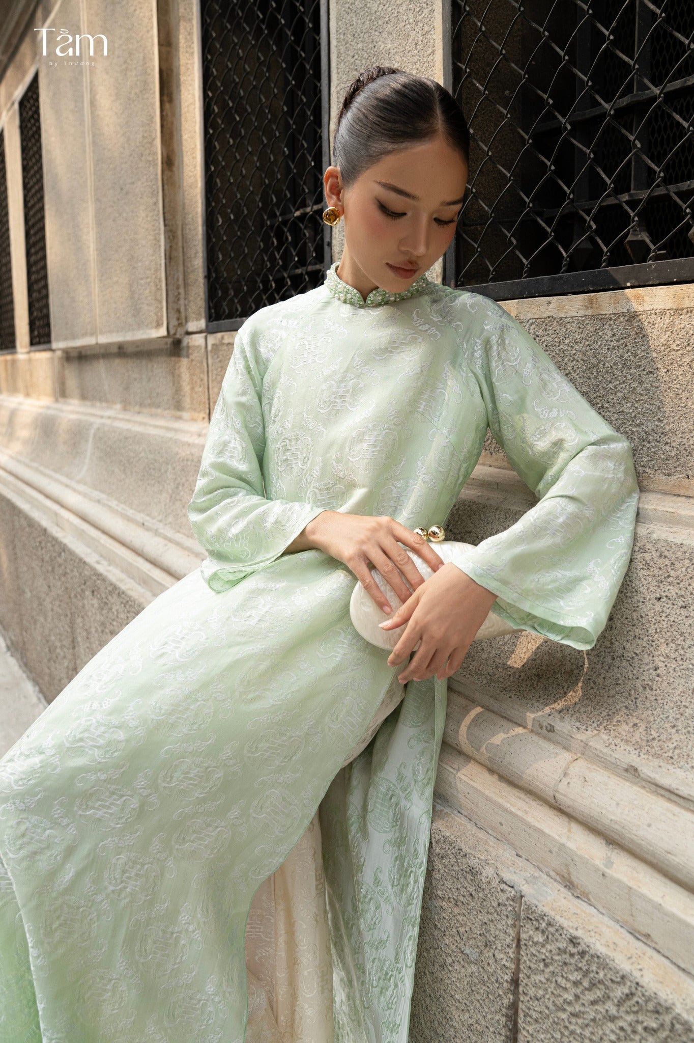 Vietnamese Ao Dai - Dao Dai - Wormsilk Modern Ao Dai Set with beaded Collar in Jade Mint - front view in sage green by Tam