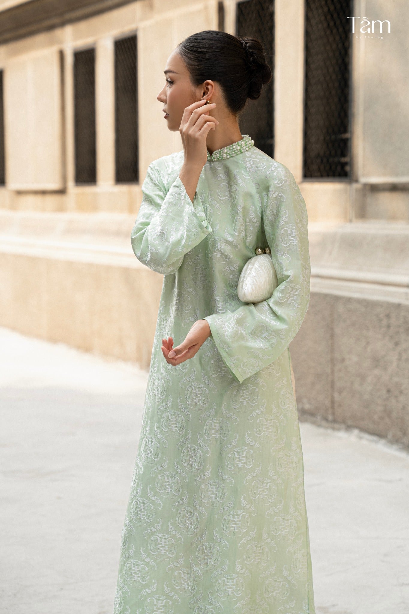 Vietnamese Ao Dai - Dao Dai - Wormsilk Modern Ao Dai Set with beaded Collar in Jade Mint - side profile in sage green by Tam