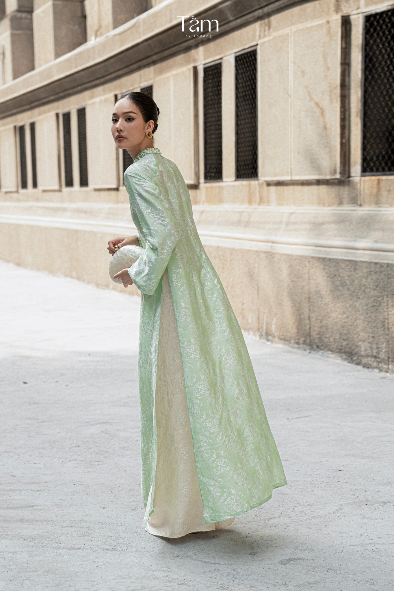 Vietnamese Ao Dai - Dao Dai - Wormsilk Modern Ao Dai Set with beaded Collar in Jade Mint - side profile in sage green by Tam