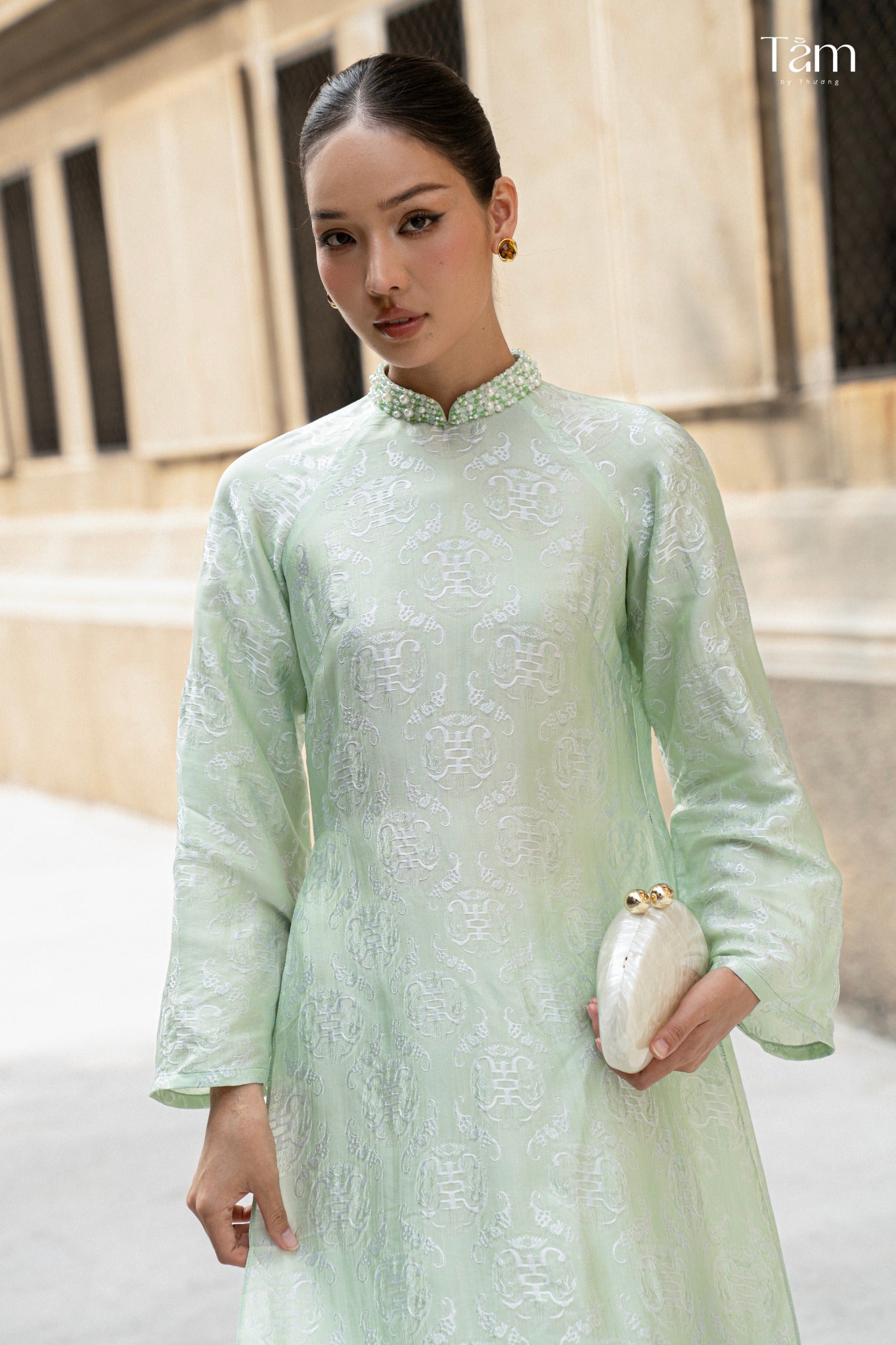 Vietnamese Ao Dai - Dao Dai - Wormsilk Modern Ao Dai Set with beaded Collar in Jade Mint - front view in sage green by Tam