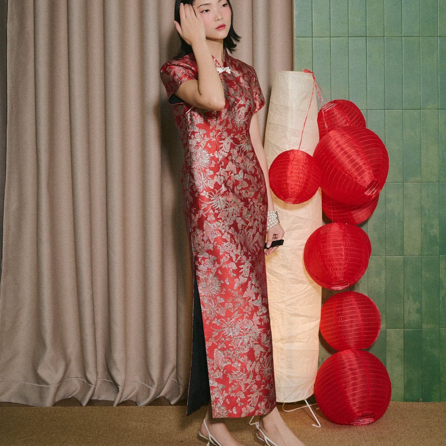 Vietnamese Ao Dai - Tu Phuc Cheongsam - Brocade Silk in Festive Crimson - front view in red by Hy Phuong